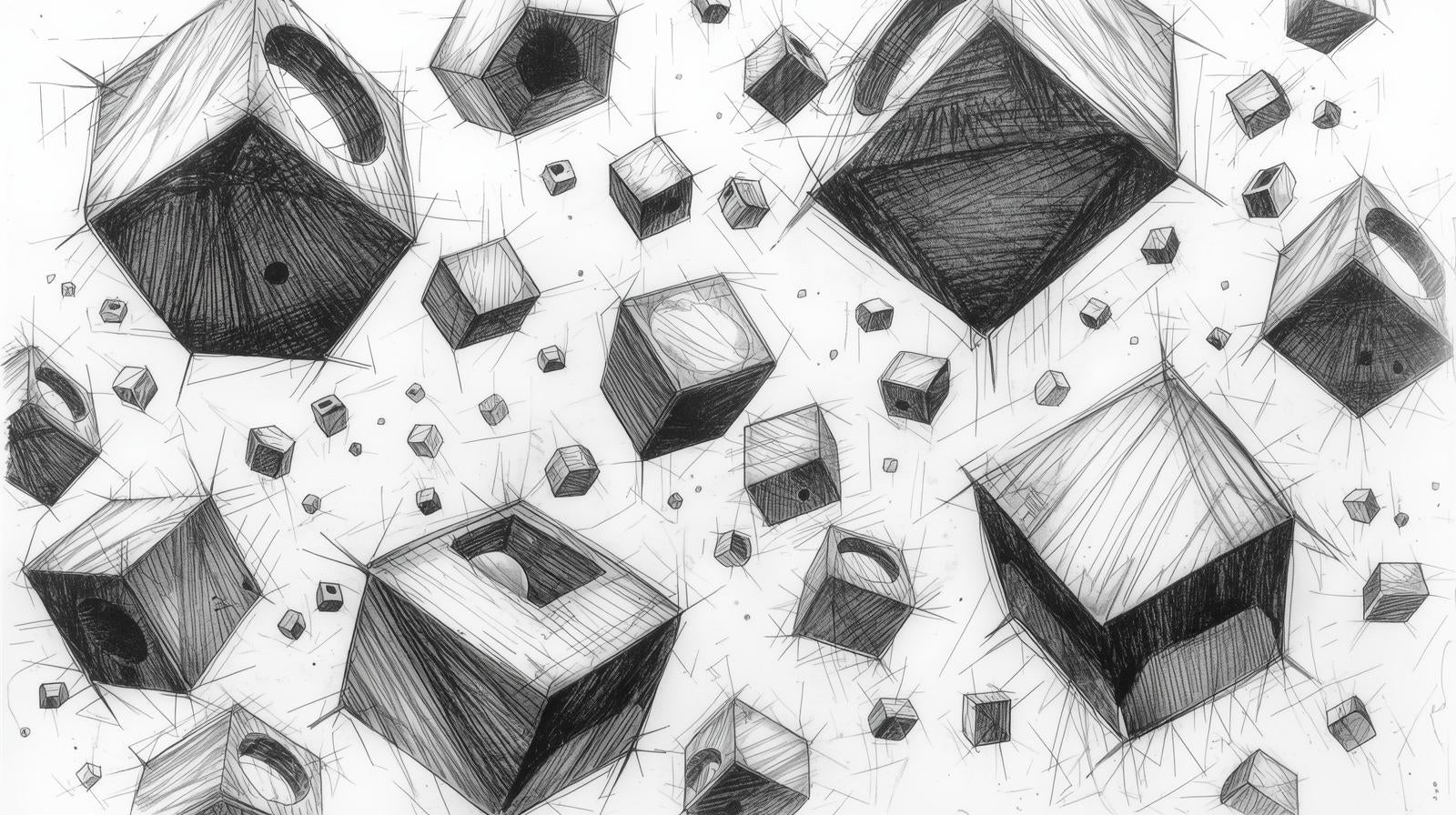 Illustration of floating cubes in a black and white sketch style with crosshatching.