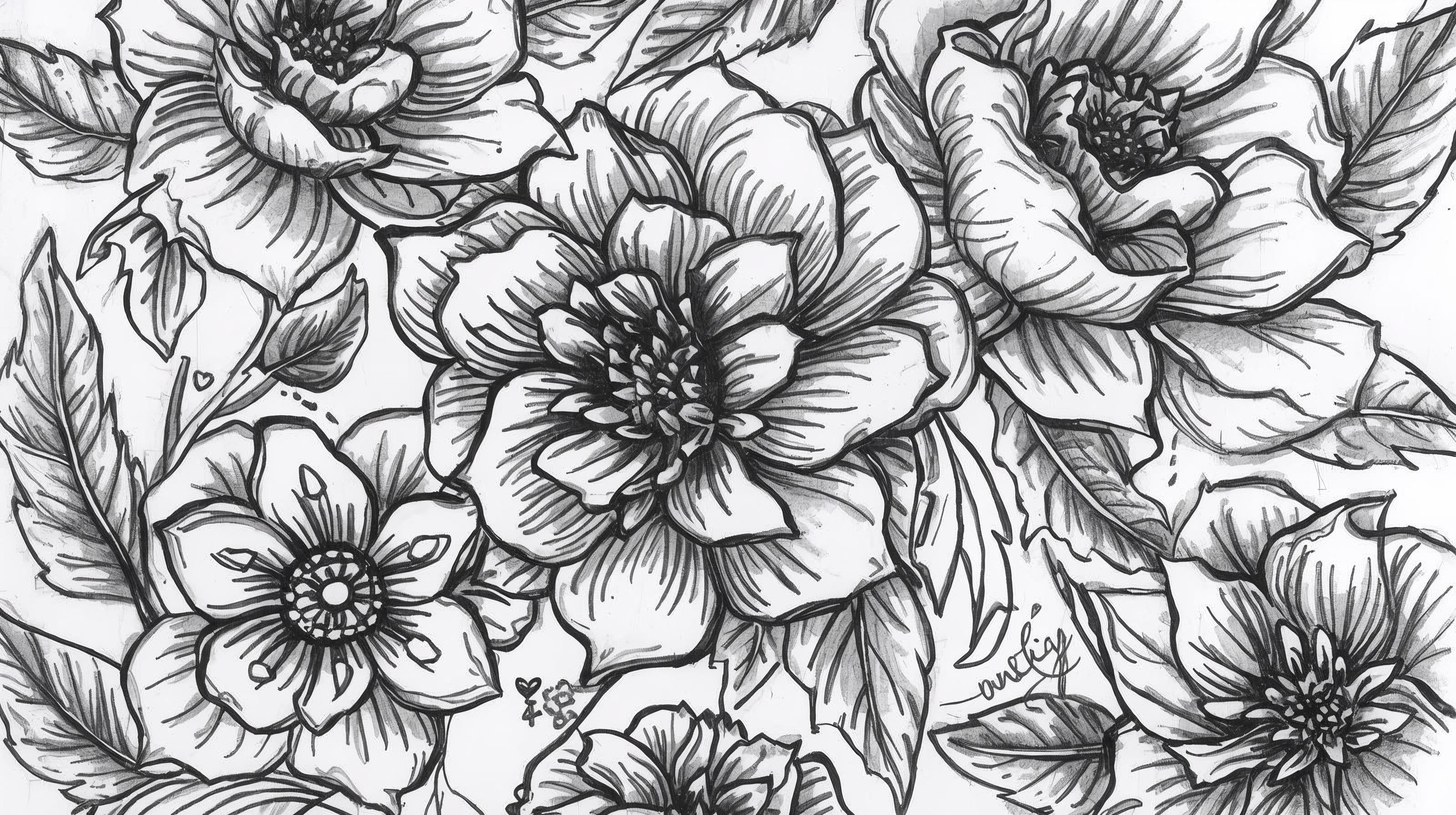 Intricate floral design in black and white featuring detailed petals and leaves.