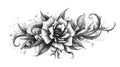 Black and white neo-traditional floral design featuring a central rose surrounded by swirling leaves.
