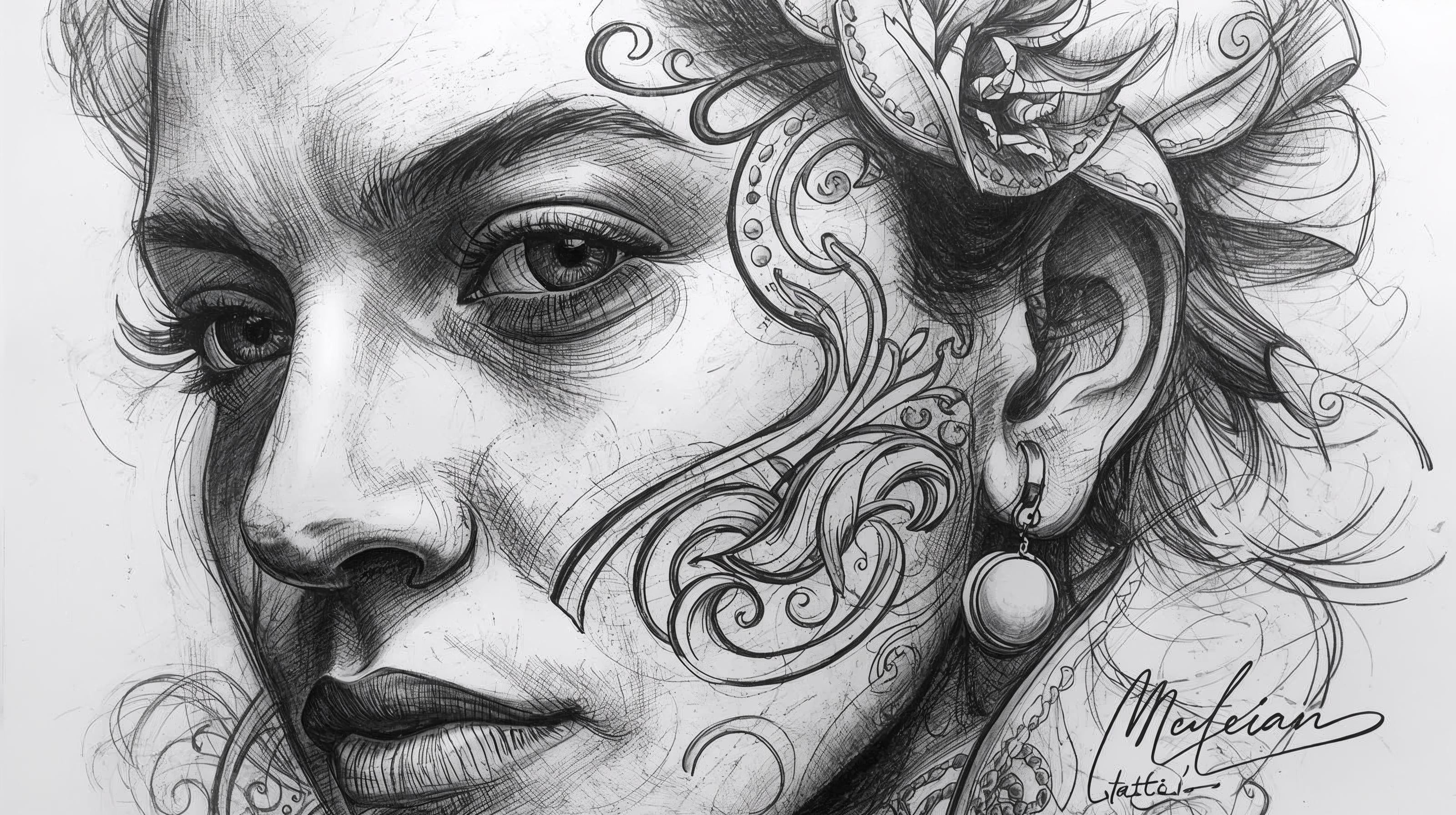A black and white sketch of a woman's side profile with intricate floral designs and detailed linework.