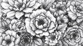 Intricately sketched black and white flowers arranged harmoniously.
