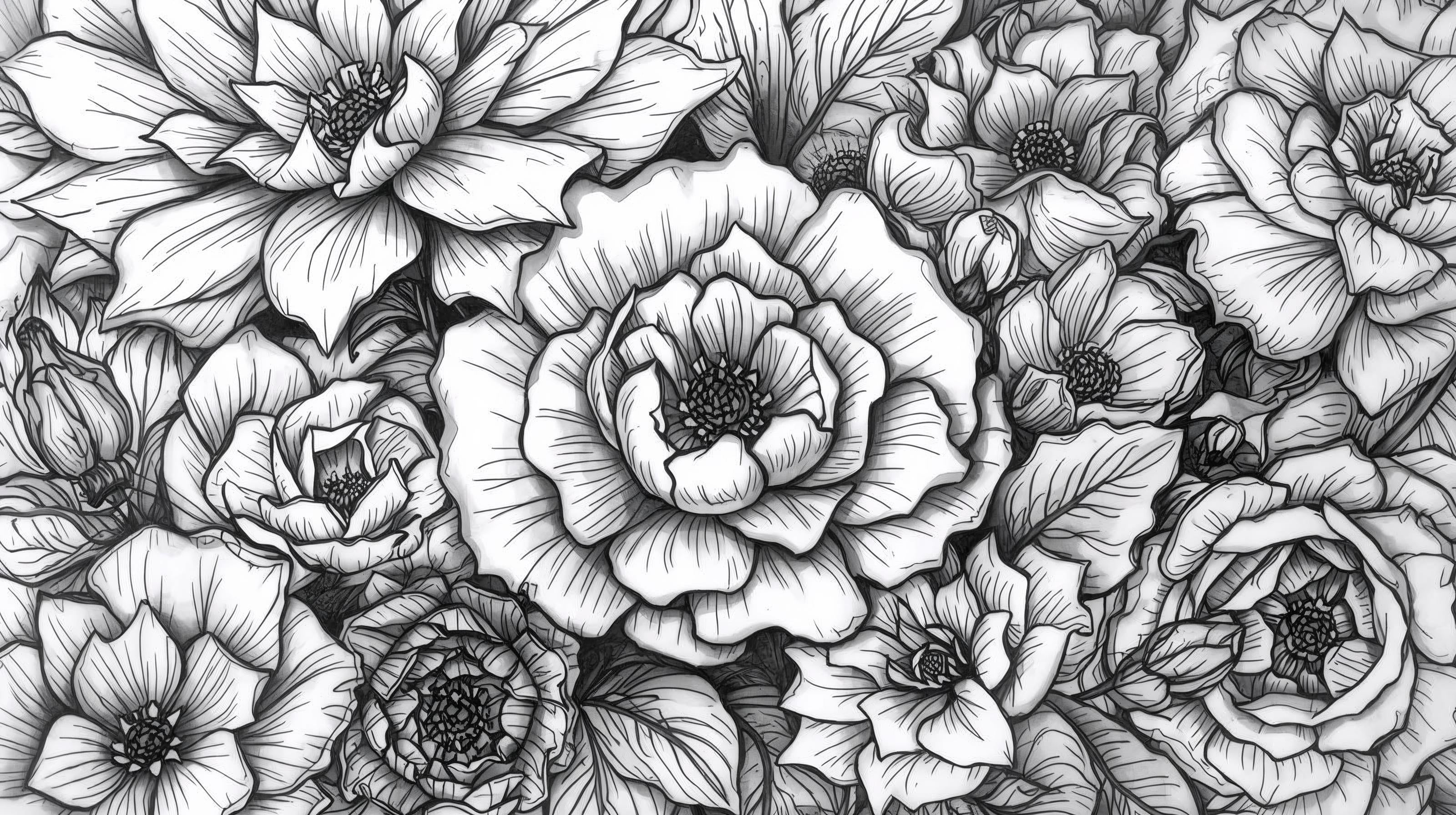 Intricately sketched black and white flowers arranged harmoniously.