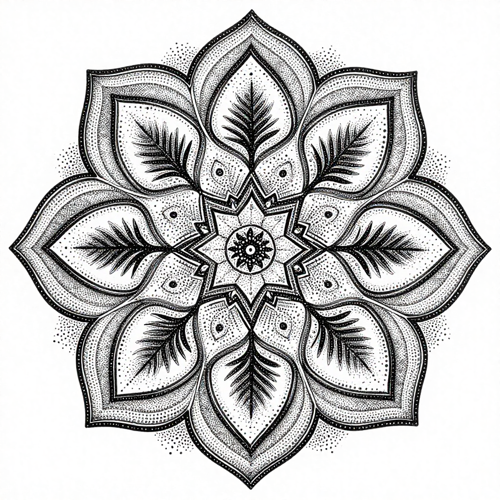 Intricate black and white floral mandala design in dotwork style.