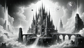 Futuristic castle with gothic spires surrounded by clouds in a surreal black and white scene.