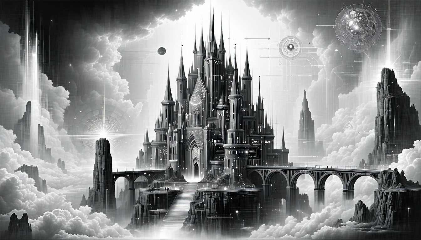Futuristic castle with gothic spires surrounded by clouds in a surreal black and white scene.
