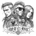 Illustration of multiple characters in a futuristic black and white style.