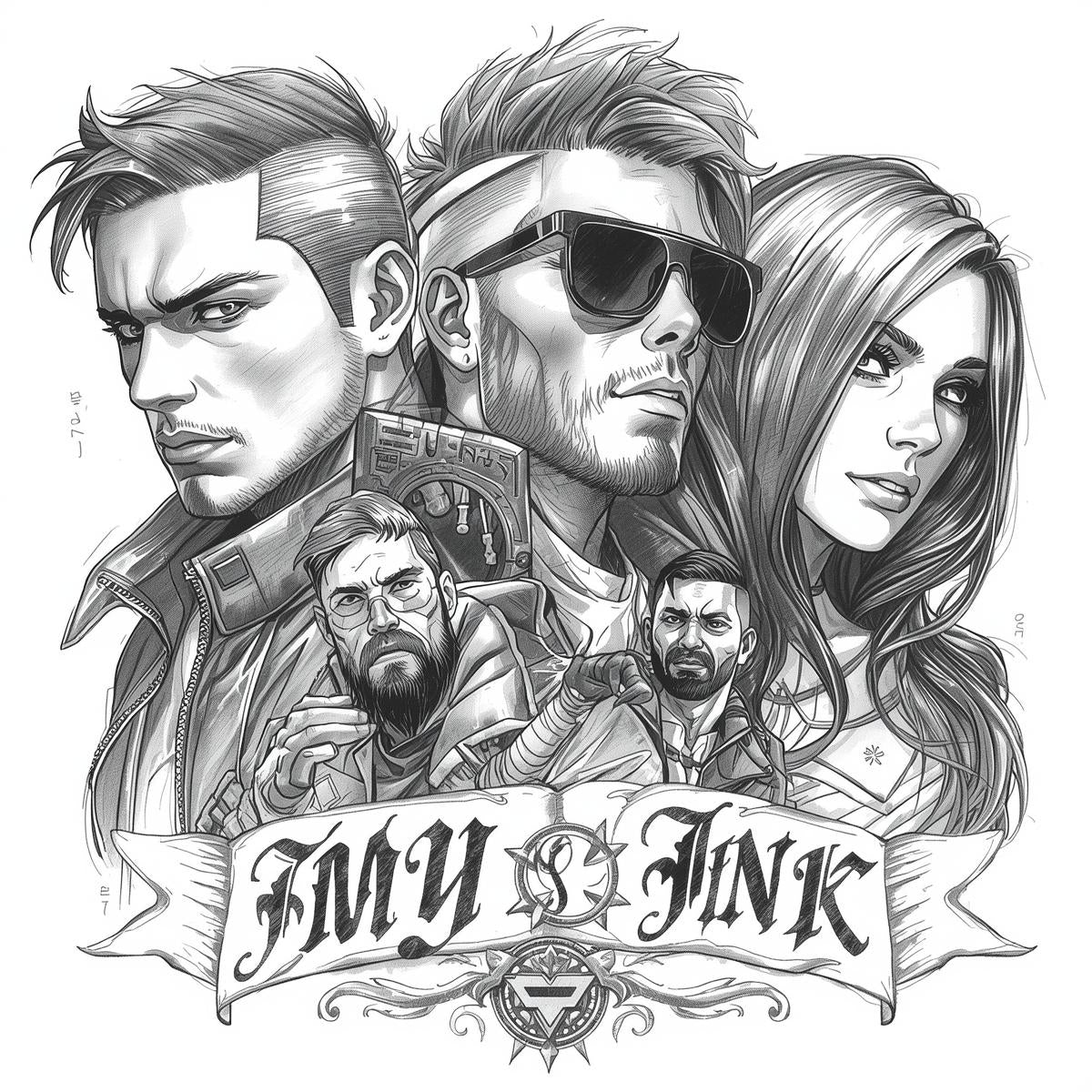 Illustration of multiple characters in a futuristic black and white style.
