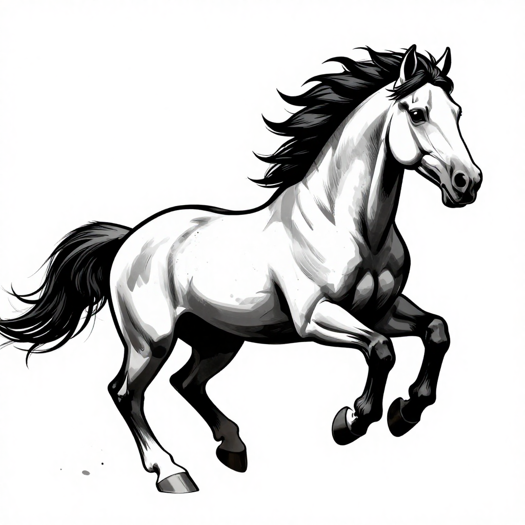 Illustration of a galloping stallion in black and white, showcasing dynamic motion and powerful presence.