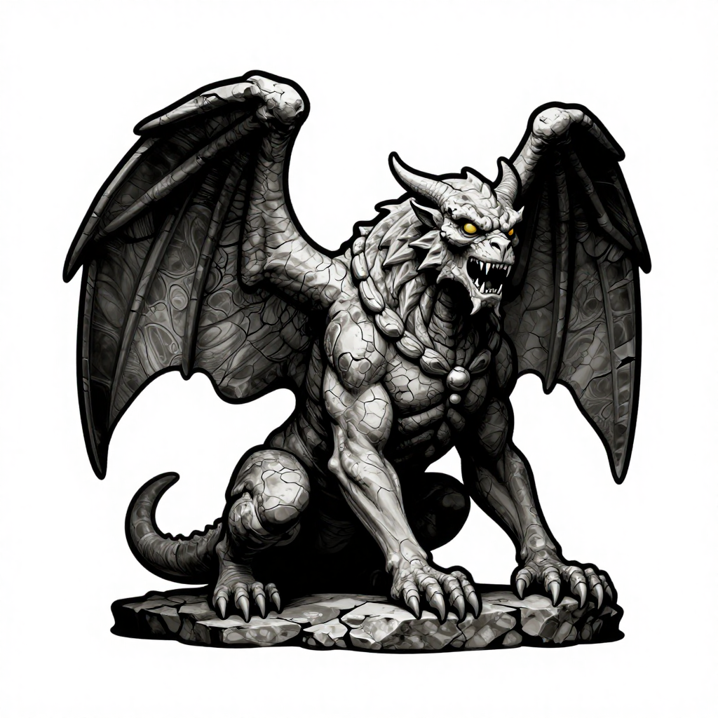 Illustration of a fierce gargoyle in black and white with wings spread wide and a dynamic pose.