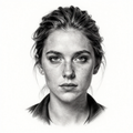 A hyperrealistic black and white portrait of a woman with an intense gaze.