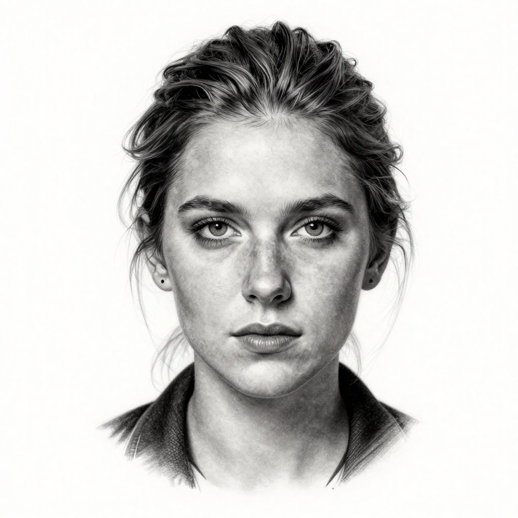 A hyperrealistic black and white portrait of a woman with an intense gaze.