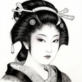 A detailed black and white portrait of a geisha with intricate hair accessories and a serene expression.