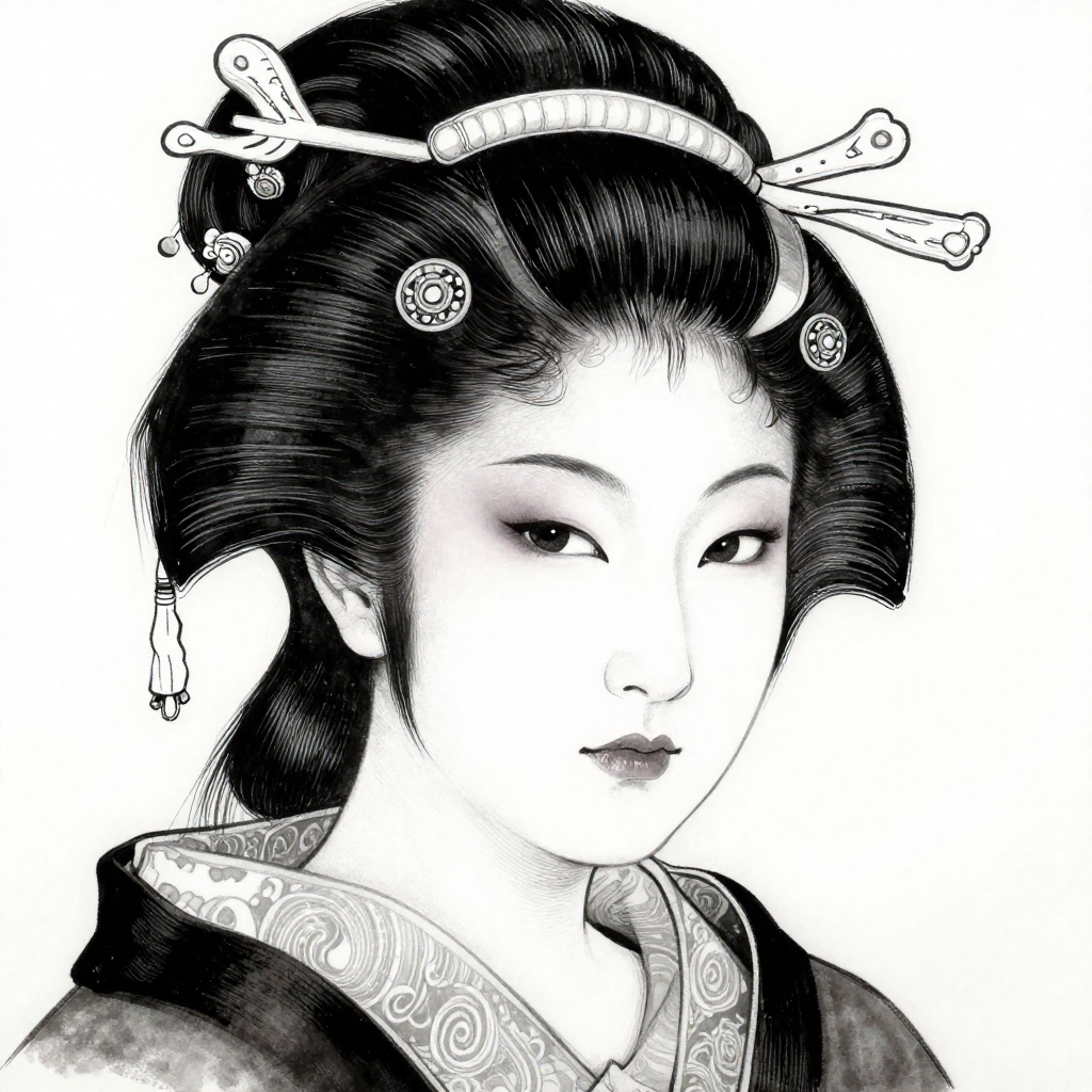 A detailed black and white portrait of a geisha with intricate hair accessories and a serene expression.