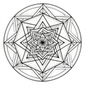 Intricate black and white geometric mandala with symmetrical line patterns.