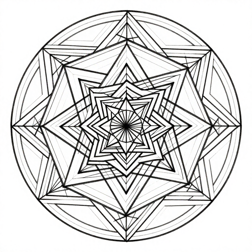 Intricate black and white geometric mandala with symmetrical line patterns.