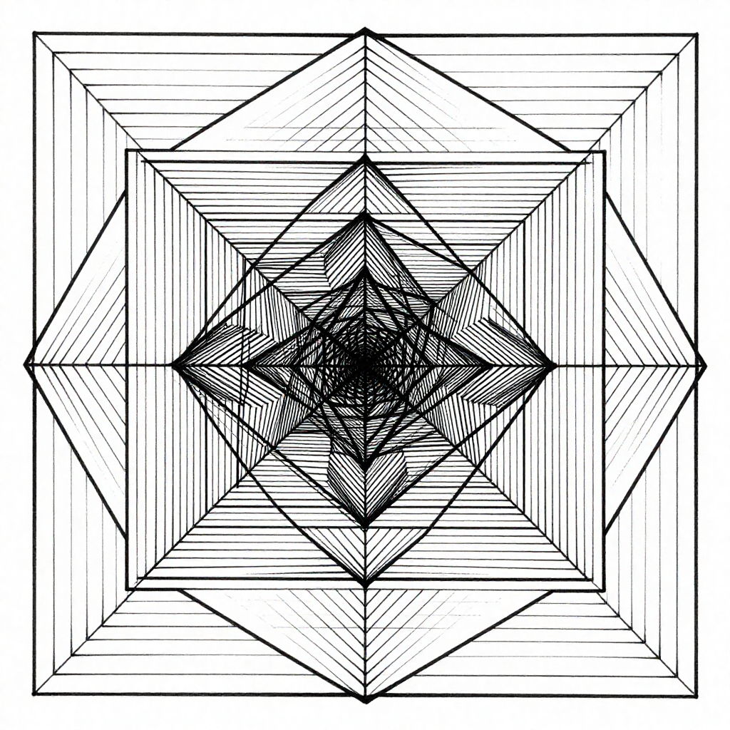 Intricate geometric maze with symmetrical lines in black and white.