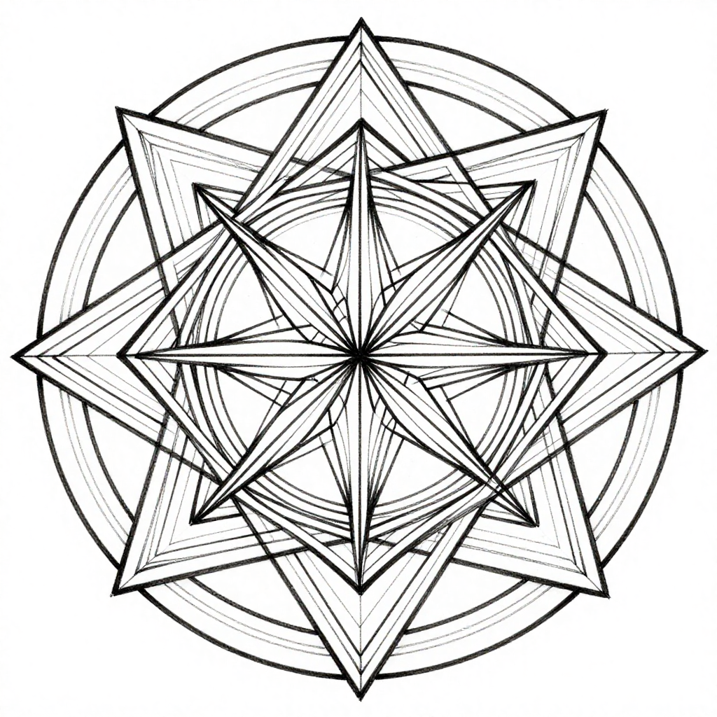 A geometric star with intricate linework in black and white, showcasing symmetry and modern design.