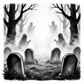 Eerie graveyard with ghosts floating among tombstones in a misty forest.