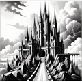 A gothic castle with spires in a black and white fantasy setting.