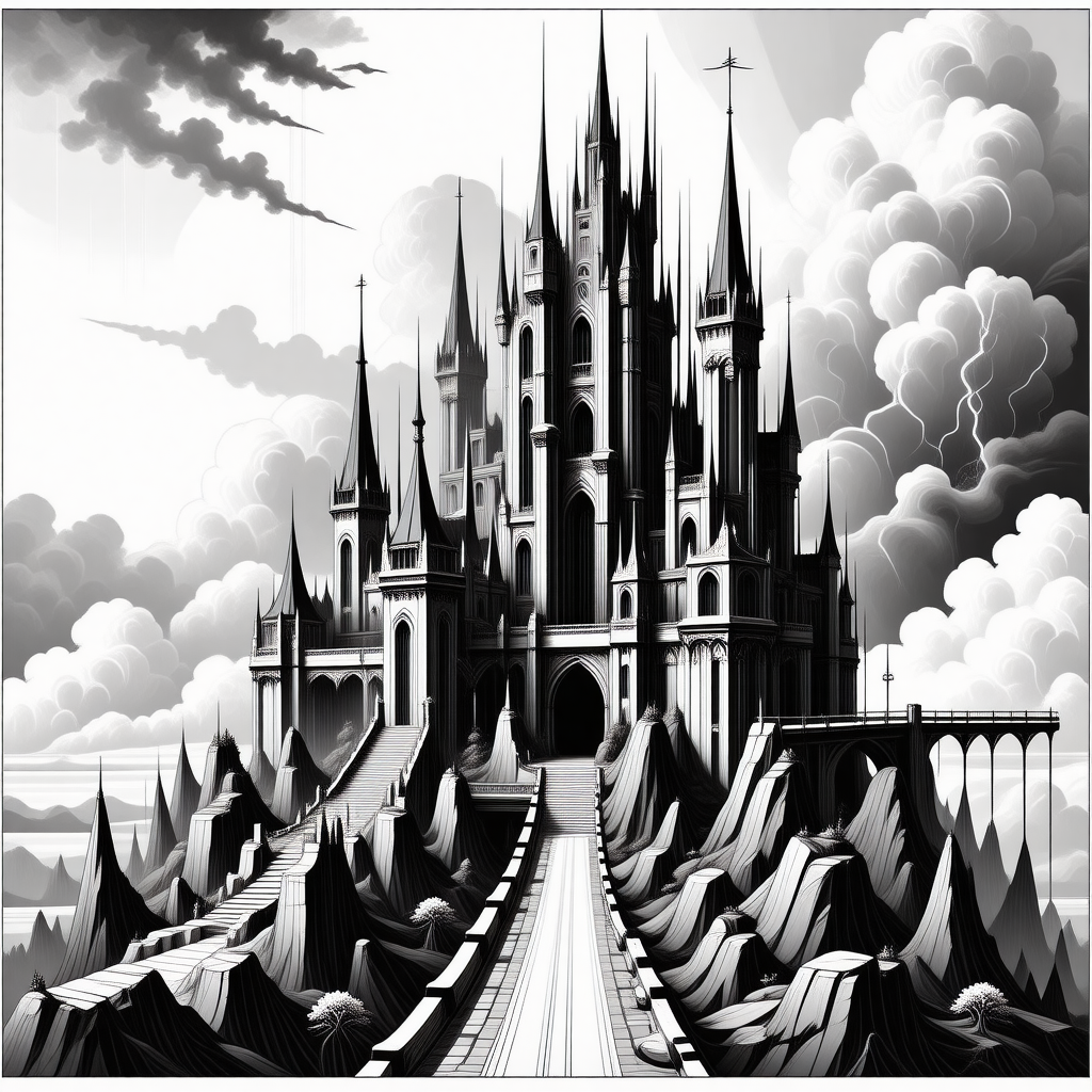 A gothic castle with spires in a black and white fantasy setting.