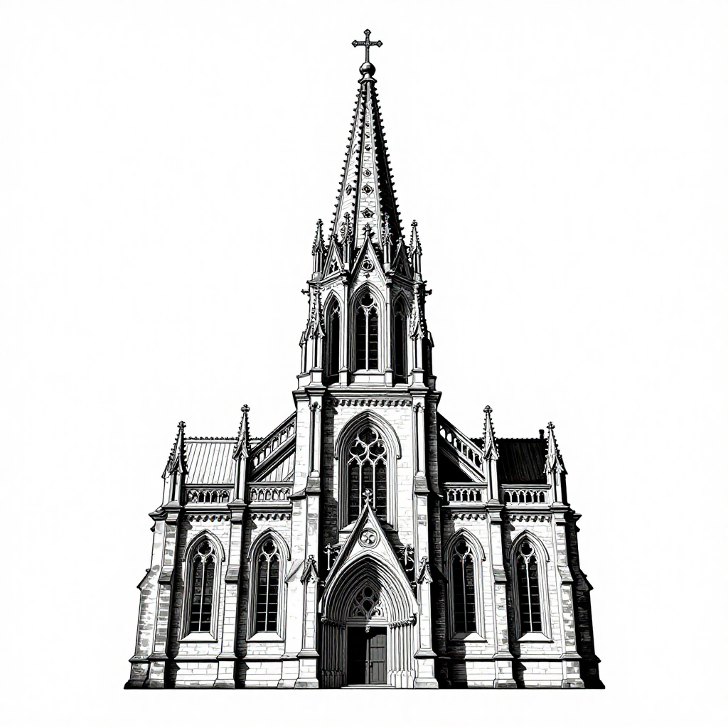 Intricate linework illustration of a Gothic cathedral with spires and detailed architecture.