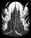 A towering gothic fortress under a full moon with swirling clouds in black and white.