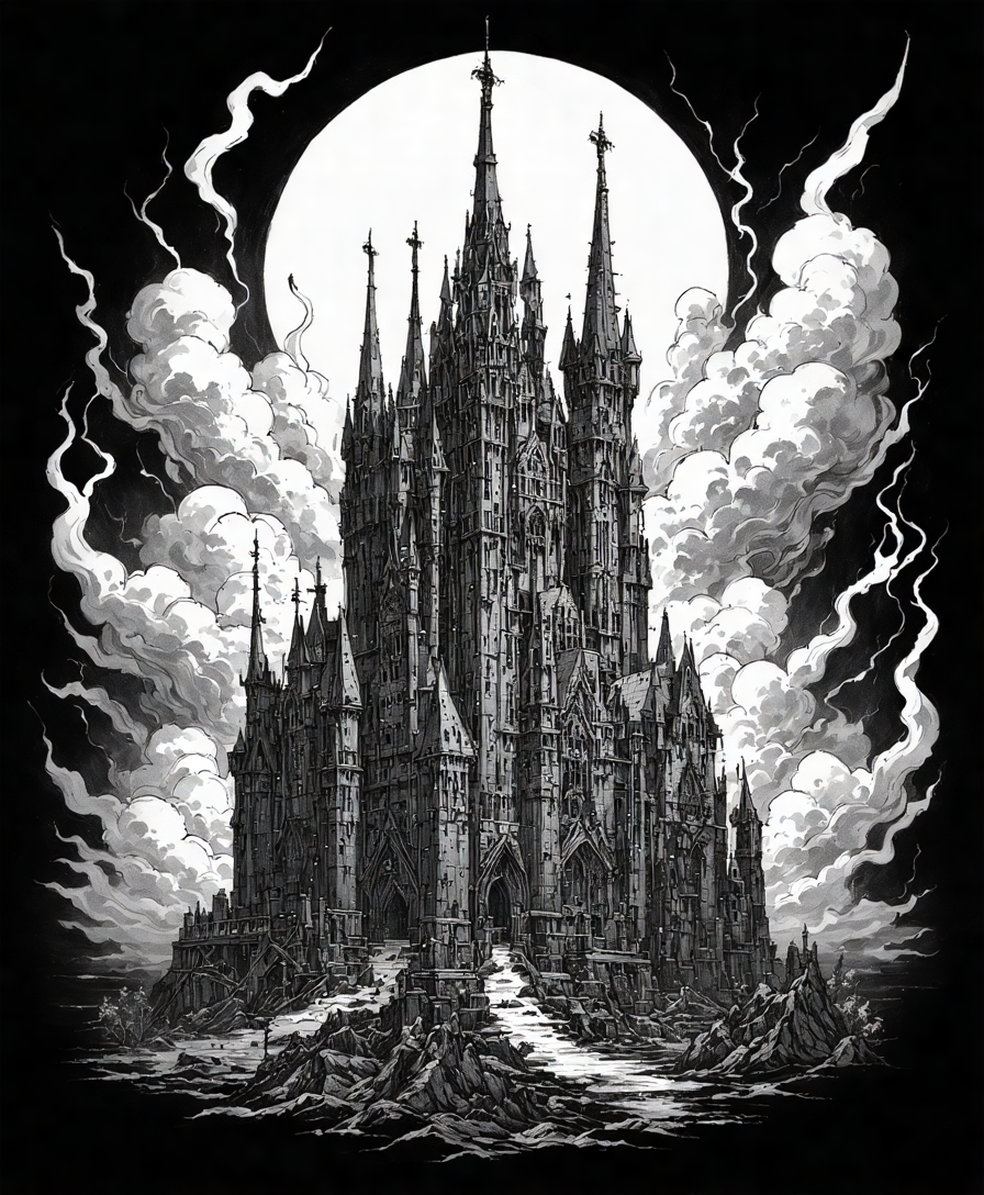 A towering gothic fortress under a full moon with swirling clouds in black and white.
