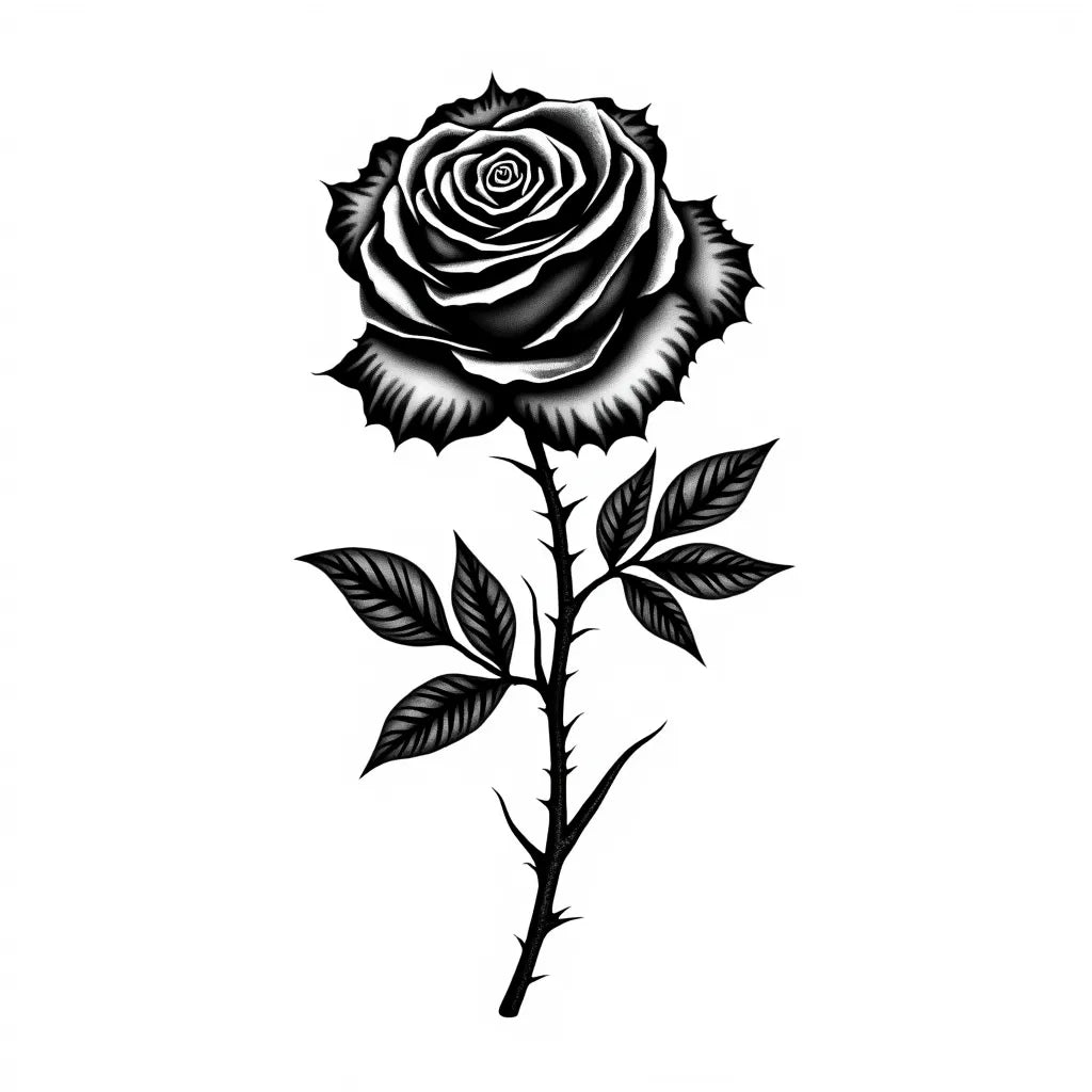 Detailed black and white illustration of a gothic rose with thorns.