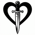 A black and white illustration of a dagger piercing a heart.