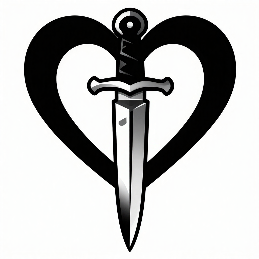 A black and white illustration of a dagger piercing a heart.