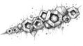 Geometric cascade of hexagonal shapes in black and white with intricate line work.