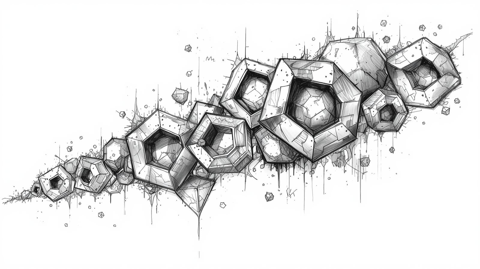 Geometric cascade of hexagonal shapes in black and white with intricate line work.