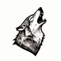 A monochrome sketch of a howling wolf head in side profile.