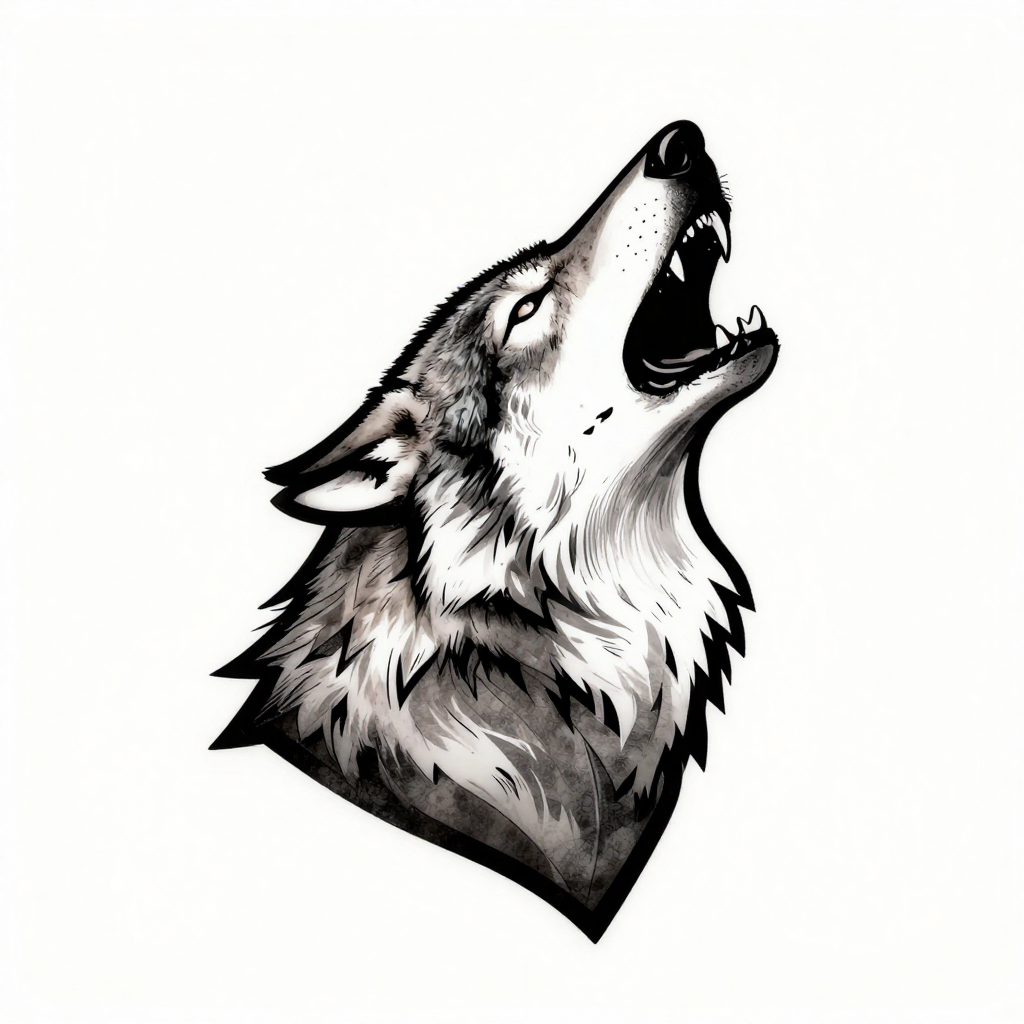 A monochrome sketch of a howling wolf head in side profile.