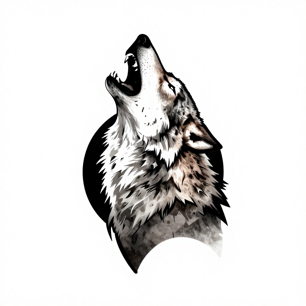 Illustration of a wolf howling in a watercolor style with a monochrome palette.