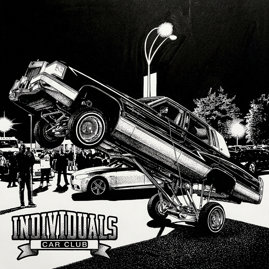 Lowrider car performing hydraulic lift at night with onlookers in monochrome.