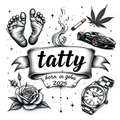 Black and white composition featuring various symbolic elements like baby footprints, a sports car, and a watch with elegant lettering in the center.