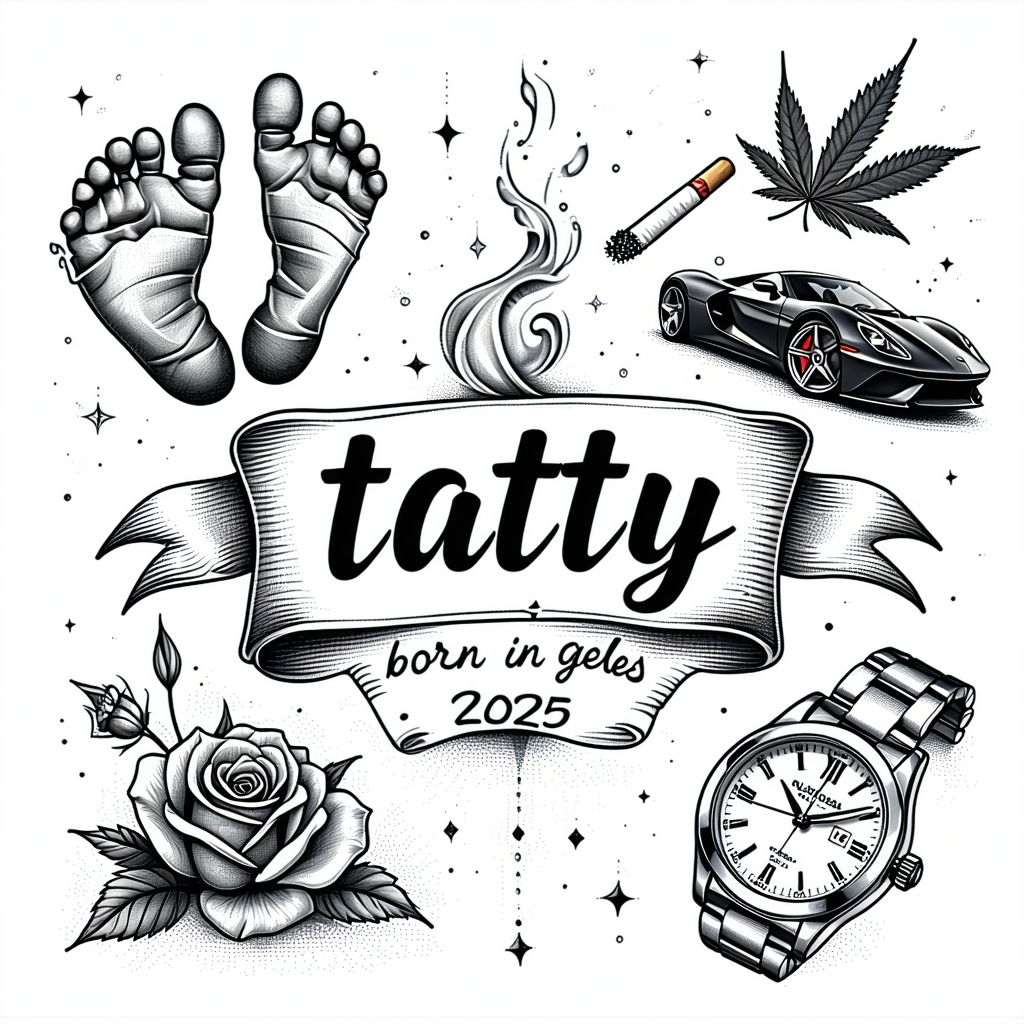 Black and white composition featuring various symbolic elements like baby footprints, a sports car, and a watch with elegant lettering in the center.