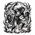Illustrative depiction of demonic creatures in dynamic poses with swirling flames.