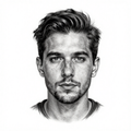 A hyperrealistic black and white portrait of a man with an intense gaze.