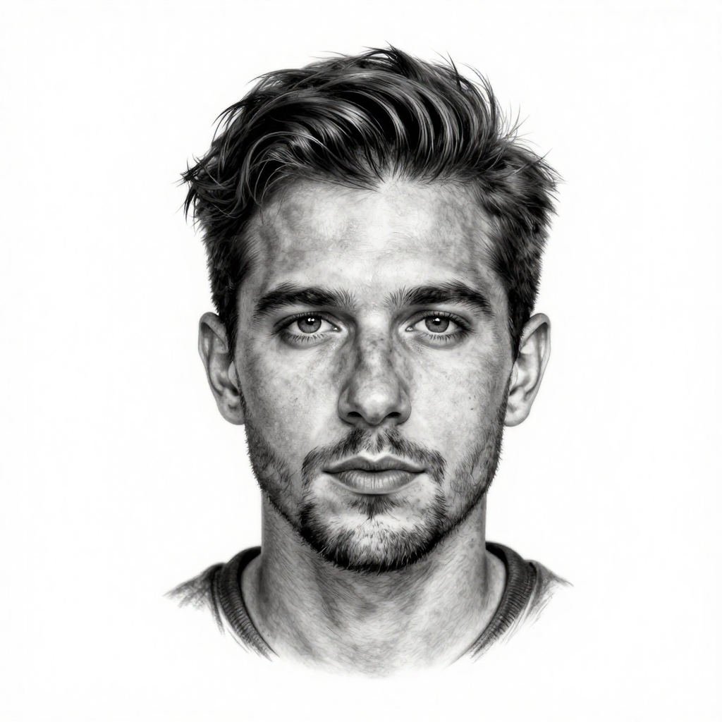 A hyperrealistic black and white portrait of a man with an intense gaze.