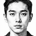 Pointillism portrait of a male face with an intense gaze in black and white.