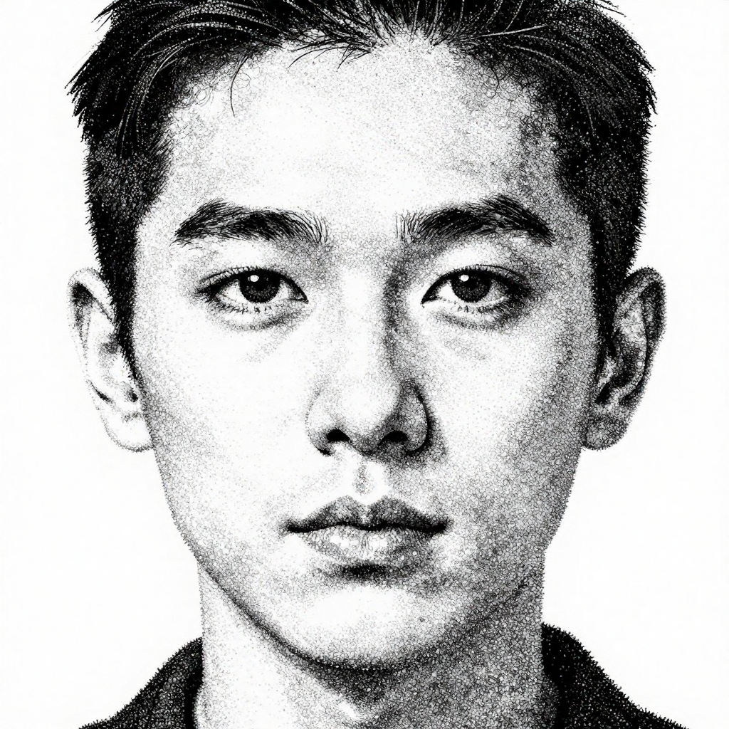 Pointillism portrait of a male face with an intense gaze in black and white.