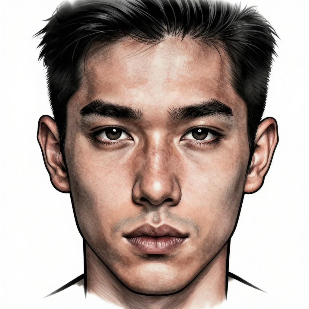Close-up portrait of a young male face with an intense gaze in black and white realism style.