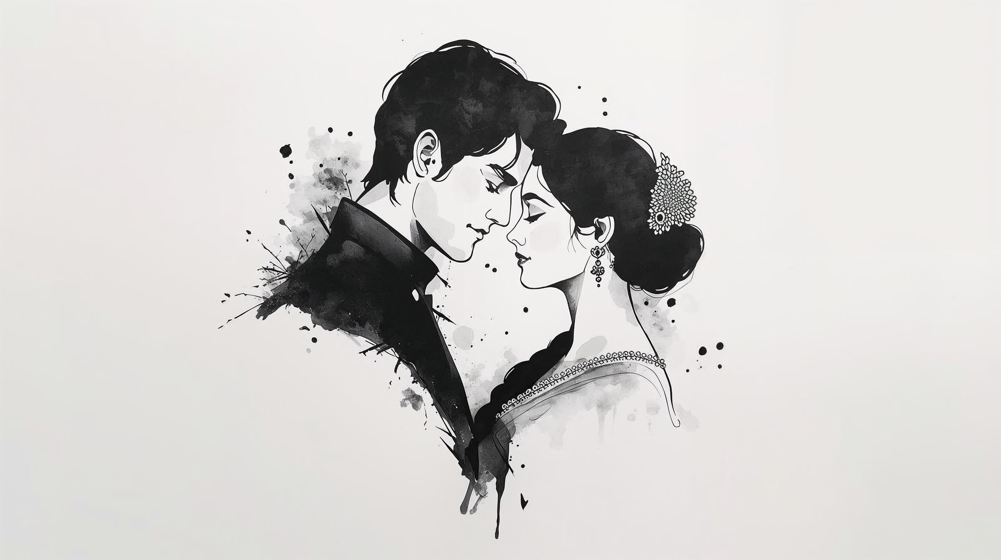 Ink illustration of a couple gazing at each other closely, emphasizing romance and elegance.
