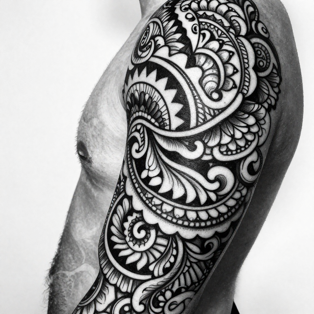 A black and white geometric pattern on an arm sleeve showcasing intricate designs and bold contrasts.