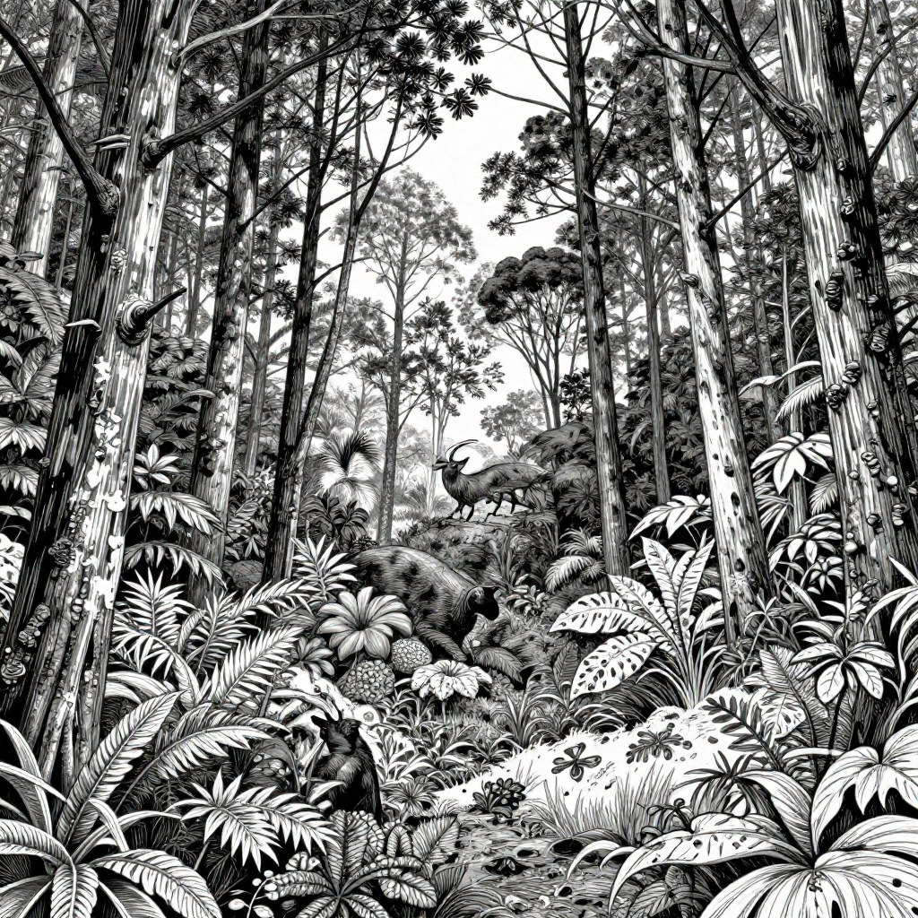 Black and white engraving of a jungle with animals and dense foliage.