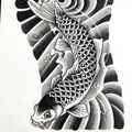 Black and white illustration of a koi fish swimming through stylized waves, showcasing traditional Japanese art style.