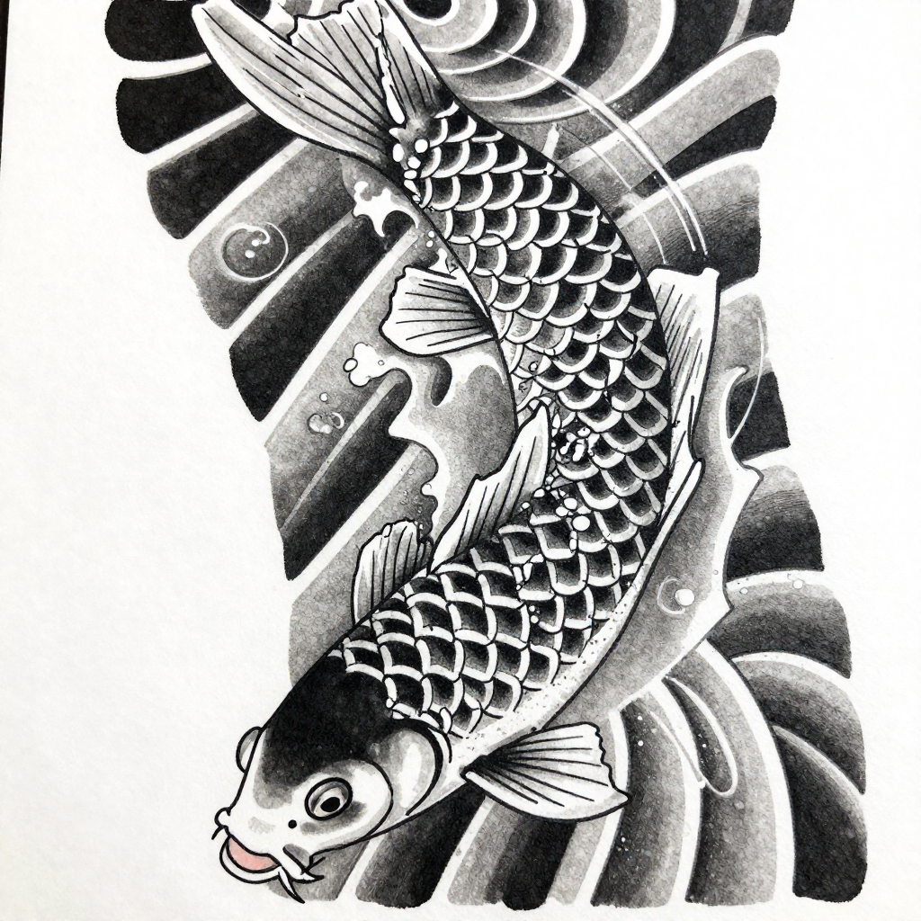 Black and white illustration of a koi fish swimming through stylized waves, showcasing traditional Japanese art style.