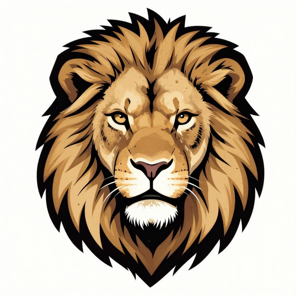 Illustrated lion head with a majestic mane and fierce expression, in full color.